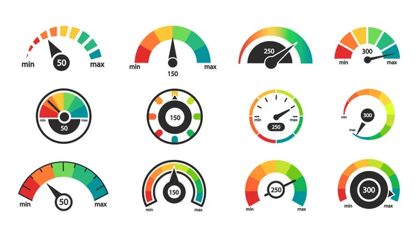 Conjunto de iconos del velocímetro. Escala indicadora. Calificación crediticia empresarial . — Archivo Imágenes Vectoriales