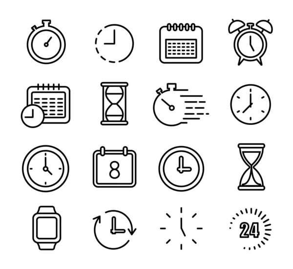 Conjunto de ícones de tempo. Tempo e tempo linha fina. Cronômetro, calendário, relógio, ampulheta, despertador, relógio de pulso, relógio de parede . — Vetor de Stock
