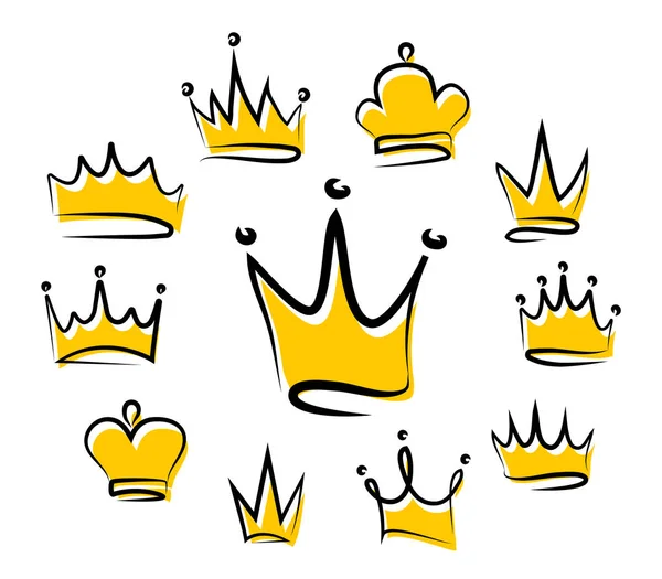 Set of gold crowns. Hand drawn crowns. Logo. Print for t-shirts, mugs, pillows, etc. — Stock Vector