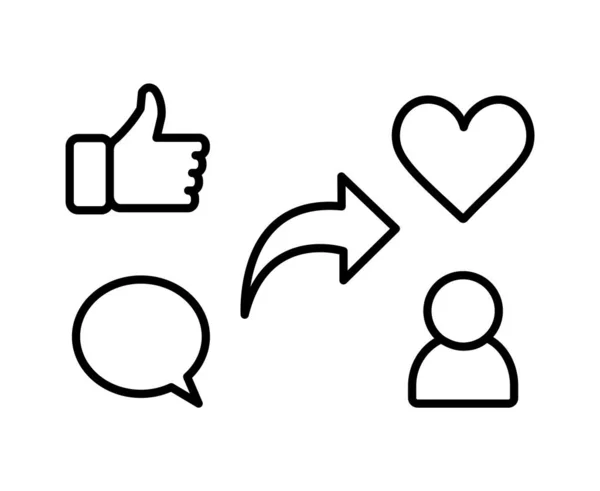 Tummen upp, kommentera, dela, hjärta och anhängare ikoner. Ikonen för sociala medier. Linjära webbikoner. — Stock vektor