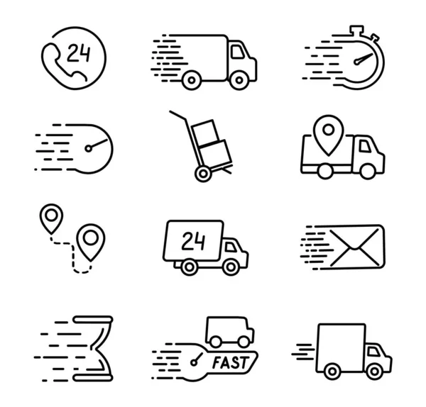 Conjunto de iconos de entrega en línea delgada. Símbolos de servicios de entrega web. Ilustración vectorial . — Archivo Imágenes Vectoriales