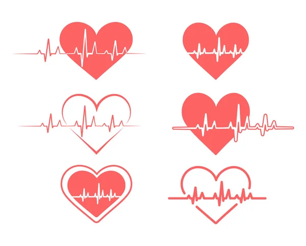 Ícones de pulso cardíaco activados. Símbolos vermelhos de um batimento cardíaco. Ilustração vetorial . — Vetor de Stock