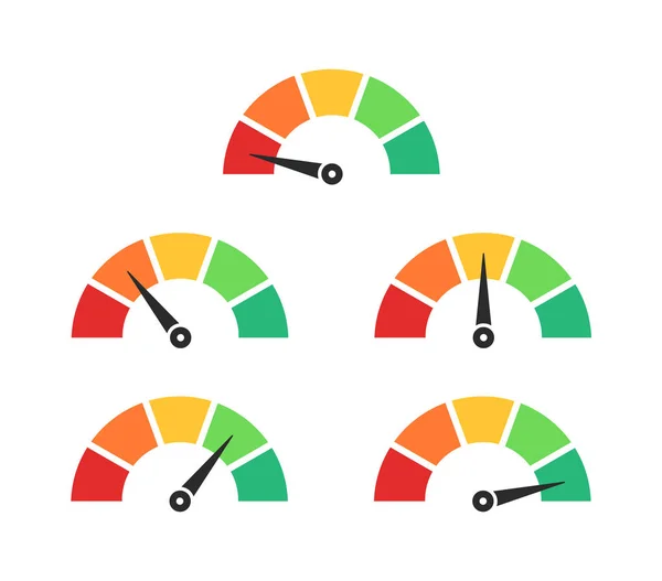 Ikon pengukur kecepatan. Speedometer dengan panah. Set tingkat daya rendah ke tinggi. Rating vektor . - Stok Vektor