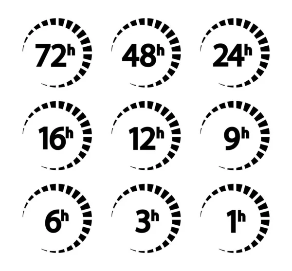 Conjunto de setas relógio e ícones de tempo. 1, 3, 6, 9, 12, 16, 24, 48, 72 horas . —  Vetores de Stock