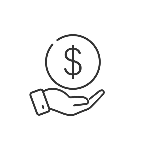 Dollar in handen lijn pictogram. Dollarmunt. Vectorteken. — Stockvector