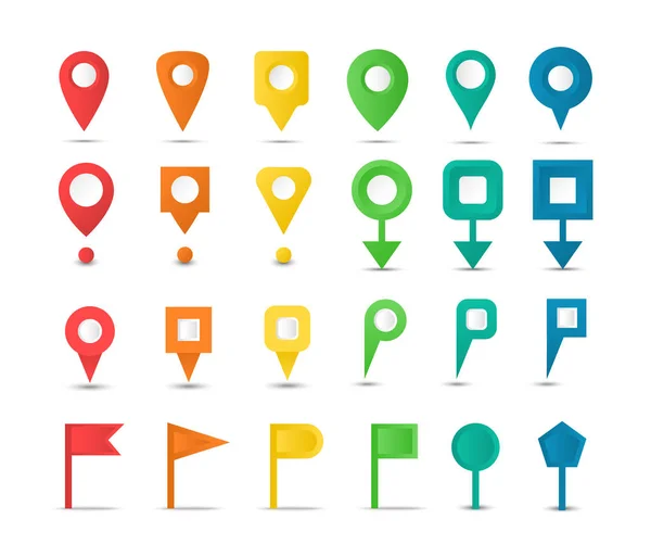 Set di indicatori di mappa e puntatori colorati. Spille mappa di navigazione. Collezione icone GPS . — Vettoriale Stock