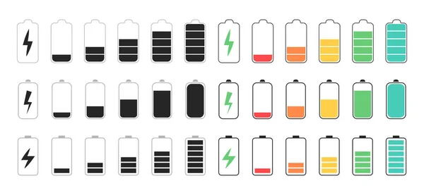 Batterijpictogram ingesteld. Batterij niveau. Kleurverzameling van batterijvermogen. — Stockvector