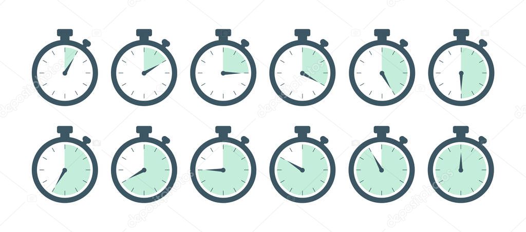 A set of stopwatch with different time. Countdown in seconds. Vector icons.
