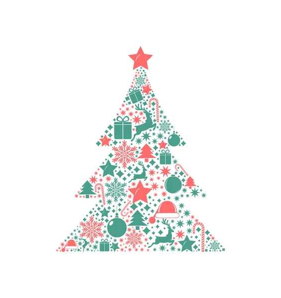 Julgran med prydnad på en vit bakgrund. God jul och gott nytt år. — Stock vektor