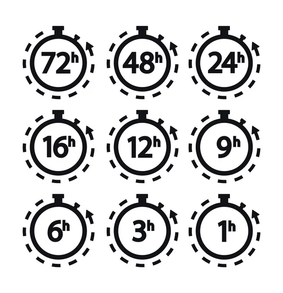 Stoppuhr mit Pfeilen und Stunden. 72,42,24,16,12,9,6,3,1 Stunden — Stockvektor