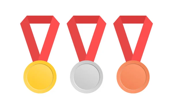Colección de medallas con una cinta roja en un estilo plano. Medalla de oro, plata y bronce . — Vector de stock