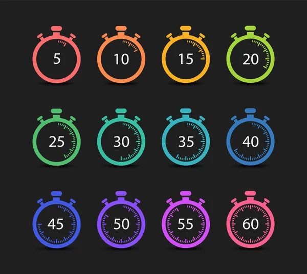 Een set timers en stopwatchs. 5,10,15,20,25,30,35,40,45,50,55,60 minuten. — Stockvector