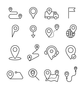 Geolocation thin line icons set. Route, GPS navigation, location icons. Vector