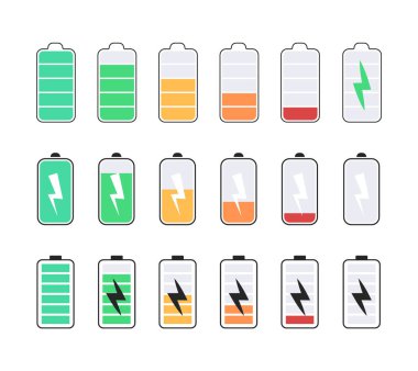Vector set of battery icons. Charge battery level. Color battery icons.