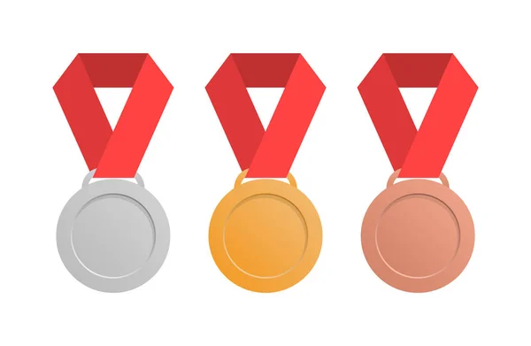 Conjunto de medallas en estilo plano. Medallas de plata, oro y bronce. Vector — Vector de stock