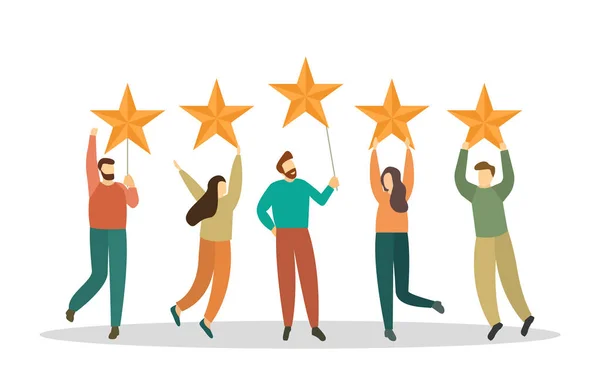 People hold big stars over their heads. Rating, five stars. Customer feedback. Vector — Stock vektor