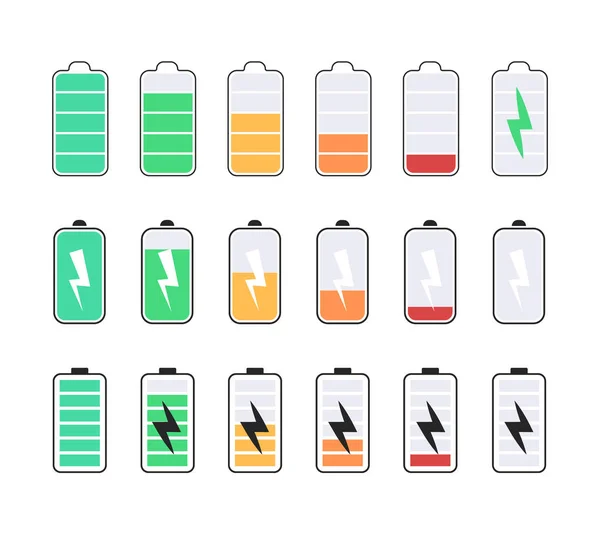 Zestaw ikon wektorowych baterii. Ładuj baterię. Kolorowe ikony baterii. — Wektor stockowy