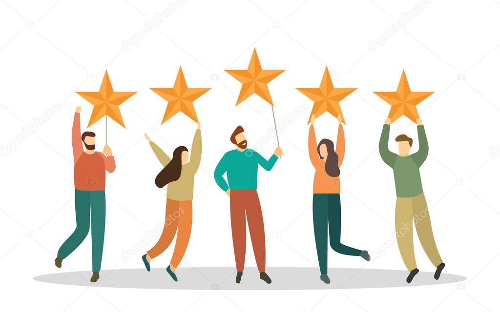 People hold big stars over their heads. Rating, five stars. Customer feedback. Vector