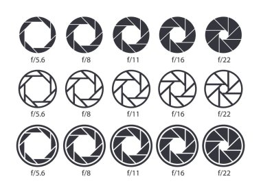 Set of aperture icons. Camera value lens diaphragm and shutter icons. Vector clipart