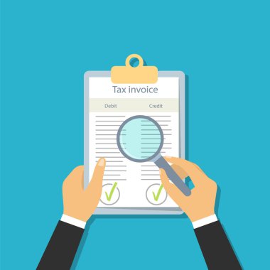 Vergi Faturası düz stil. Belgeleri büyüteçle görüntüle.