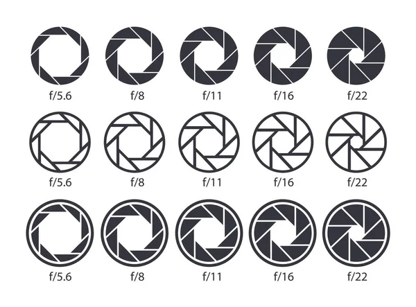 Diafragma Pictogrammen Camera Waarde Lens Diafragma Sluitertijd Pictogrammen Vector — Stockvector