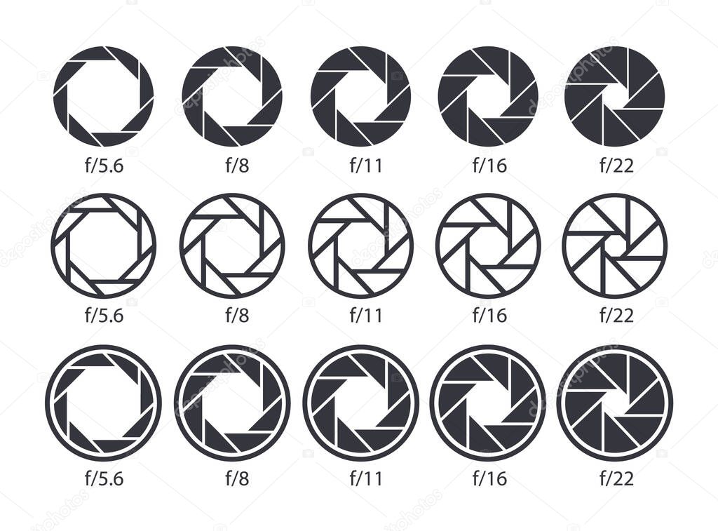 Set of aperture icons. Camera value lens diaphragm and shutter icons. Vector