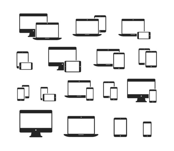 Conjunto Iconos Del Dispositivo Monitorear Portátil Tableta Teléfono Iconos Negros — Archivo Imágenes Vectoriales