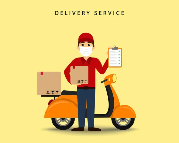 蒙面快递员把包裹送到摩托车附近 送货服务 平淡的风格 — 图库矢量图片