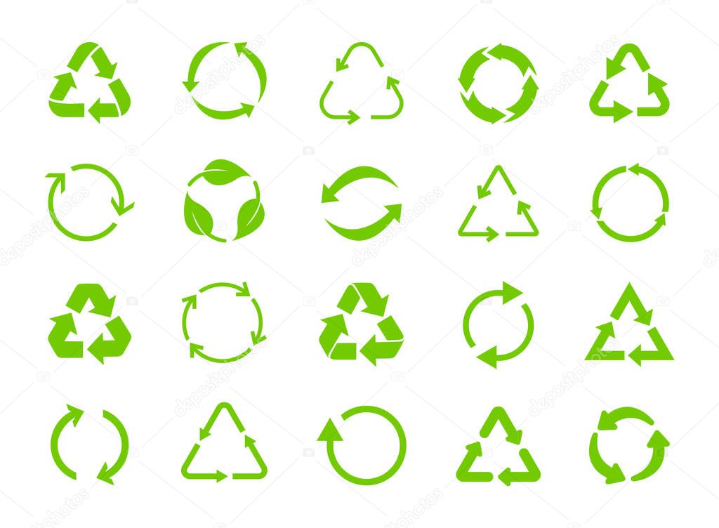 Green recycle icons. Set of symbols recycling. Vector arrows.