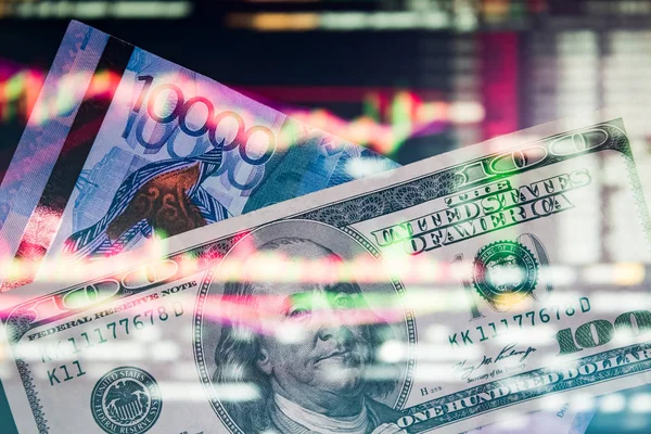 Tenge with dollar on the trading chart. Analysis of the currency — Stock Photo, Image