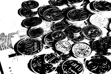 Bozuk paralarla mavi bir arkaplanda onluk. Onluk banknotlar. Bozukluklar