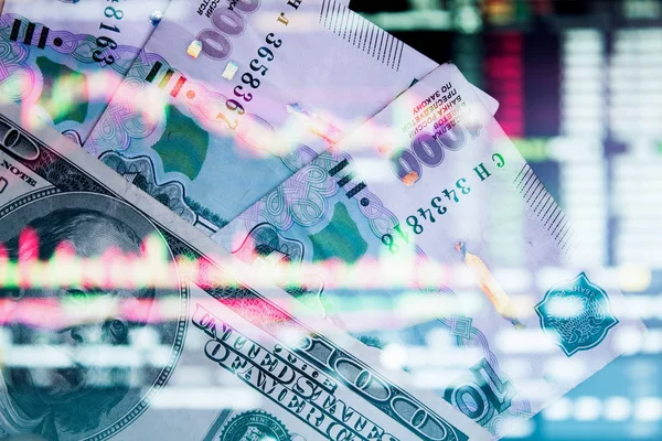 The Russian ruble with American USD on the background of the tra — Stock Photo, Image