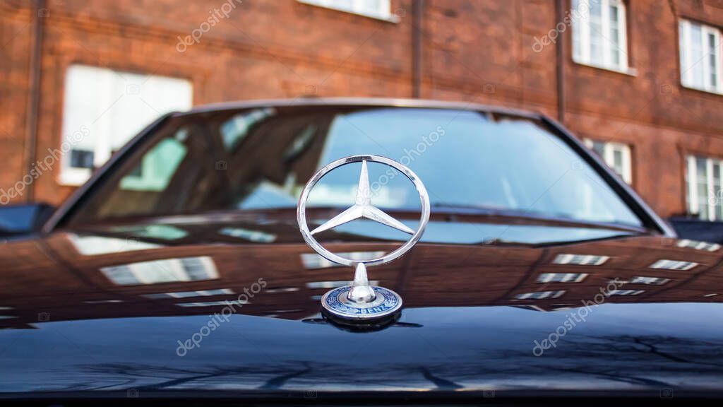Moscow, Russia - March 8, 2020: Blue Mercedes-Benz E-class front view. Original Mercedes-Benz E-Class logo. Mercedes Benz is a German automobile manufacturer