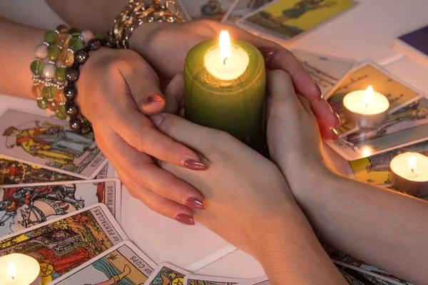 Bangkok Thailand March Female Hands Hold Lighted Candle Dark Night — Stock Photo, Image