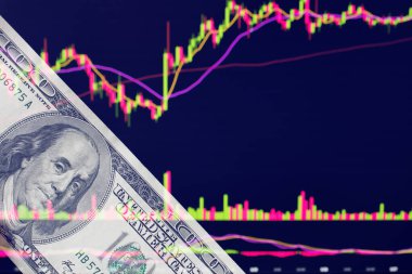 Bir dizüstü bilgisayar monitörünün önünde bir fiyat belirleyicisiyle. Forex ve ticaret. Bir tüccar eski piyasada hisse senedi, tahvil ve menkul kıymetler veya para birimlerini bizim için 100 dolara satar..
