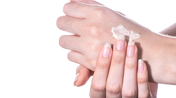 Treatment Hydration Skin Cosmetology Girl Applies Moisturizer Lotion Skin Hand — Stock Photo, Image