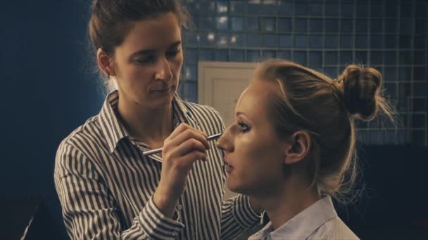 ブロンドモデル顔に化粧品を置くプロの化粧アーティスト — ストック動画