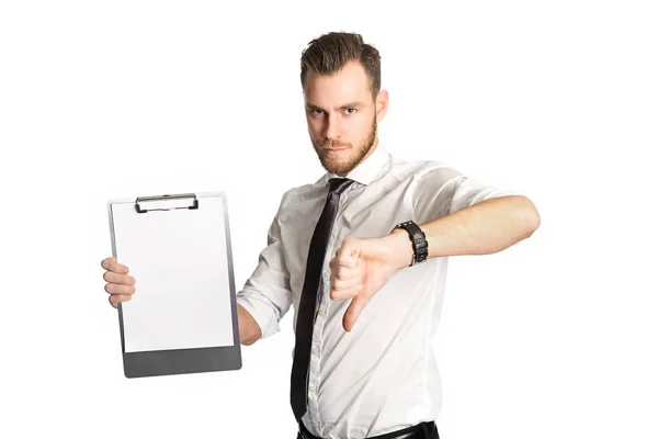 Displeased businessman with clipboard — Stock Photo, Image