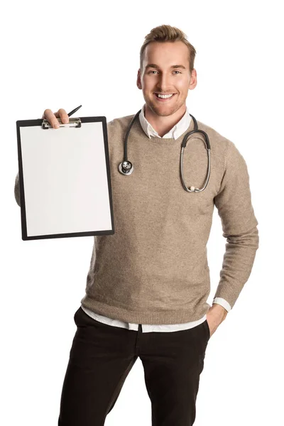 Attractive doctor with document — Stock Photo, Image