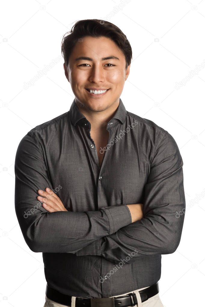 Handsome man smiling wearing grey shirt