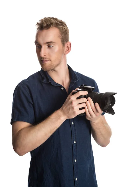 Schöner Fotograf mit Kamera — Stockfoto