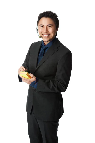 Attraktive Verkäuferin im grauen Anzug — Stockfoto