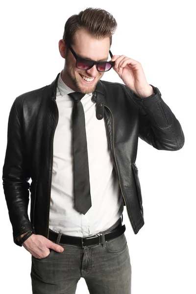 Trendy man in jacket and sunglasses — Stock Photo, Image