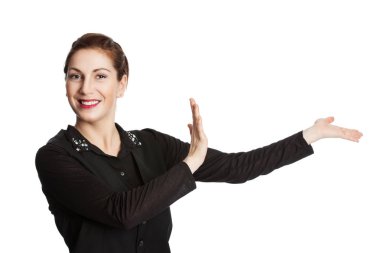 Satış temsilcisi el hareketi gülümseyen