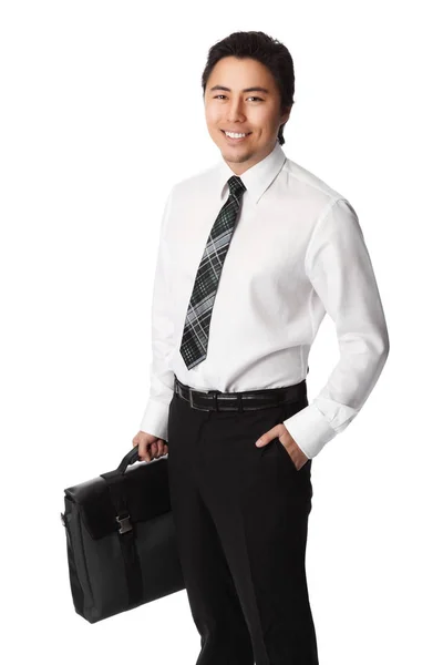 Smiling businessman with computer case — Stock Photo, Image