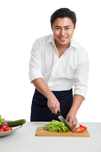 Chef bonito na frente do fundo branco — Fotografia de Stock