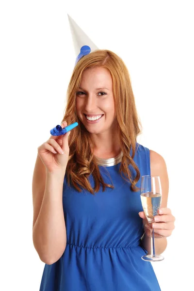 Cute partying woman in blue dress — Stock Photo, Image