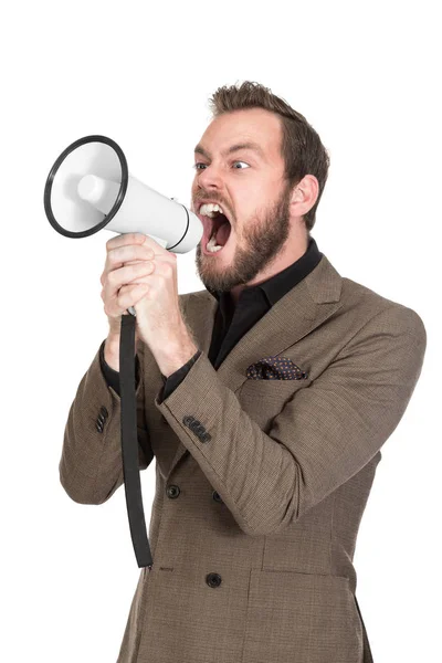 Retrato de um empresário gritando com megafone — Fotografia de Stock