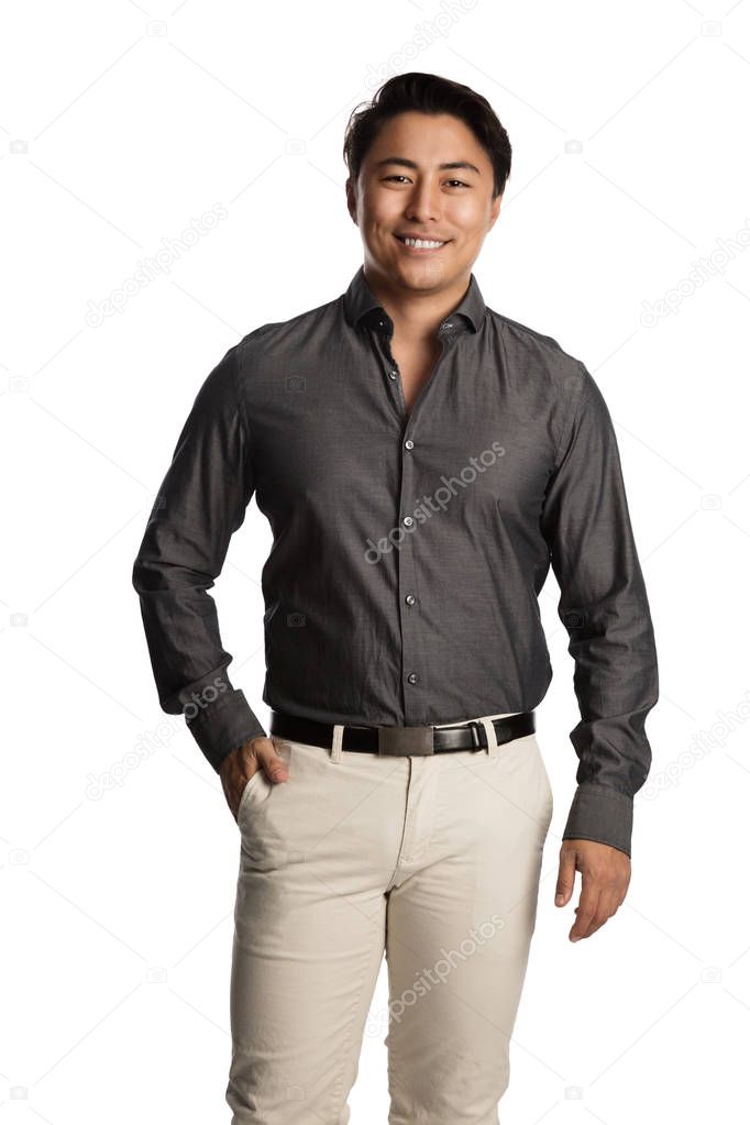 Handsome male in a grey shirt smiling