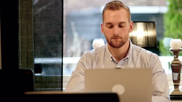 Hombre atractivo trabajando en su ordenador en casa — Vídeos de Stock